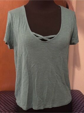 Women’s Aeropostle Teal Short-Sleeve Ribbed V-Neck Top with Crisscross Detail